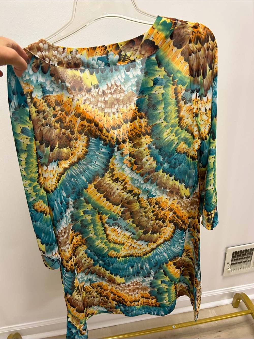 Vibrant Feather-Print Tunic cover-up Dress in Teal & Mustard image 2